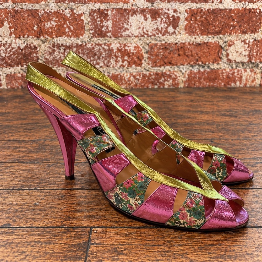 Vintage 80s Maud Frizon Paris Metallic Floral Peep Toe Slingback Heels 38.5
